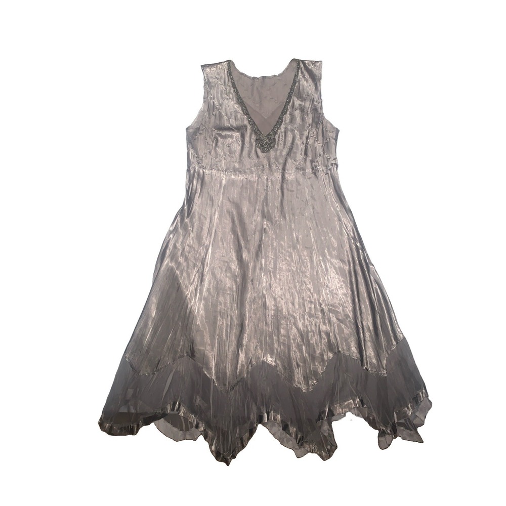 Komarov Beaded Charmeuse Chiffon Dress Silver Sleeveless Handkerchief 3X Elegant